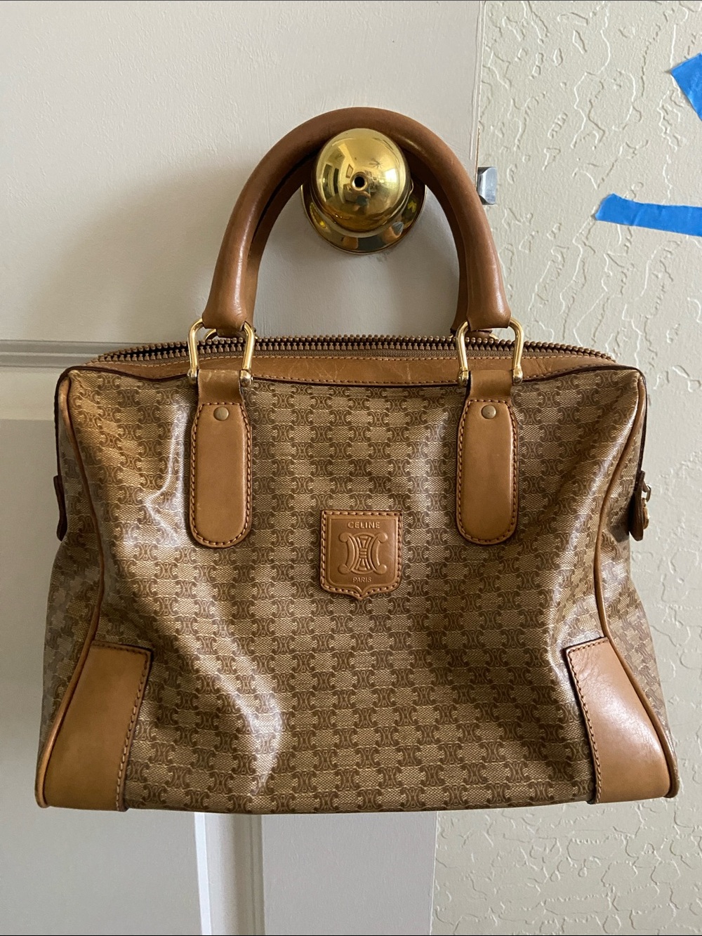 Celine Macadam Small Boston Bag PVC Beige Authentic